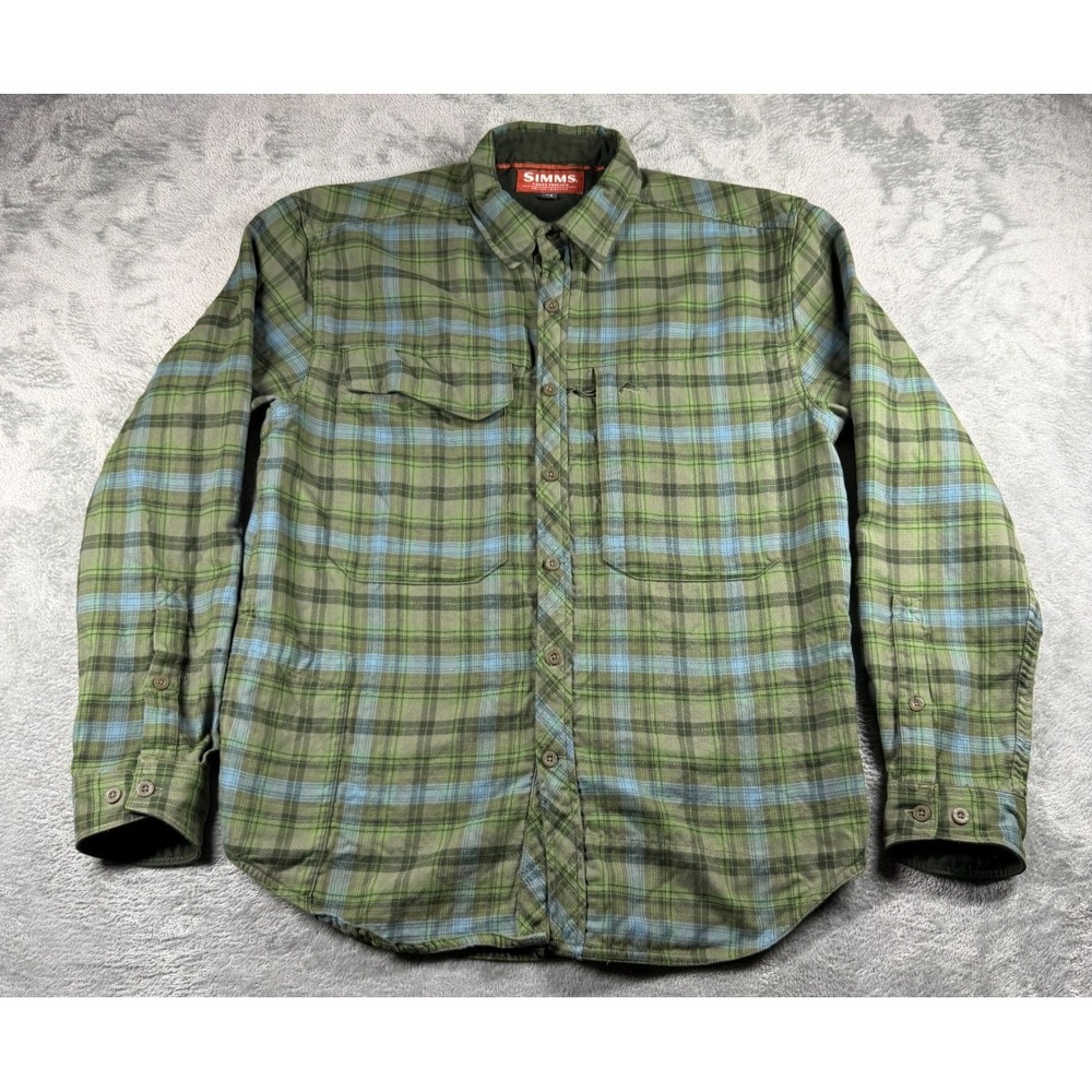 Simms Fishing Shirt Men's M Green Blue Plaid Flannel Outdoor Fly Fishing